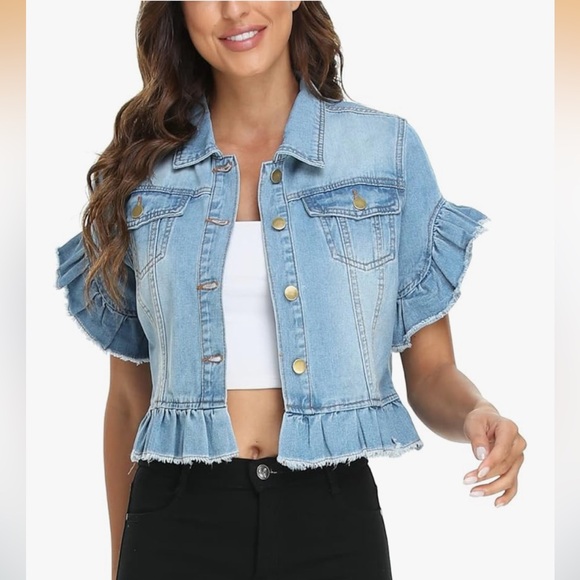Miss Moly Women’s Denim Jacket Ruffle Sleeve Button Down Distressed Cropped NWOT - Picture 5 of 10